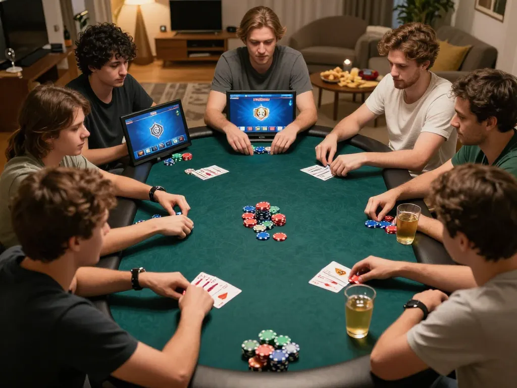Player engaged in an online poker game at home, showcasing tr88it interface with strategic moves.