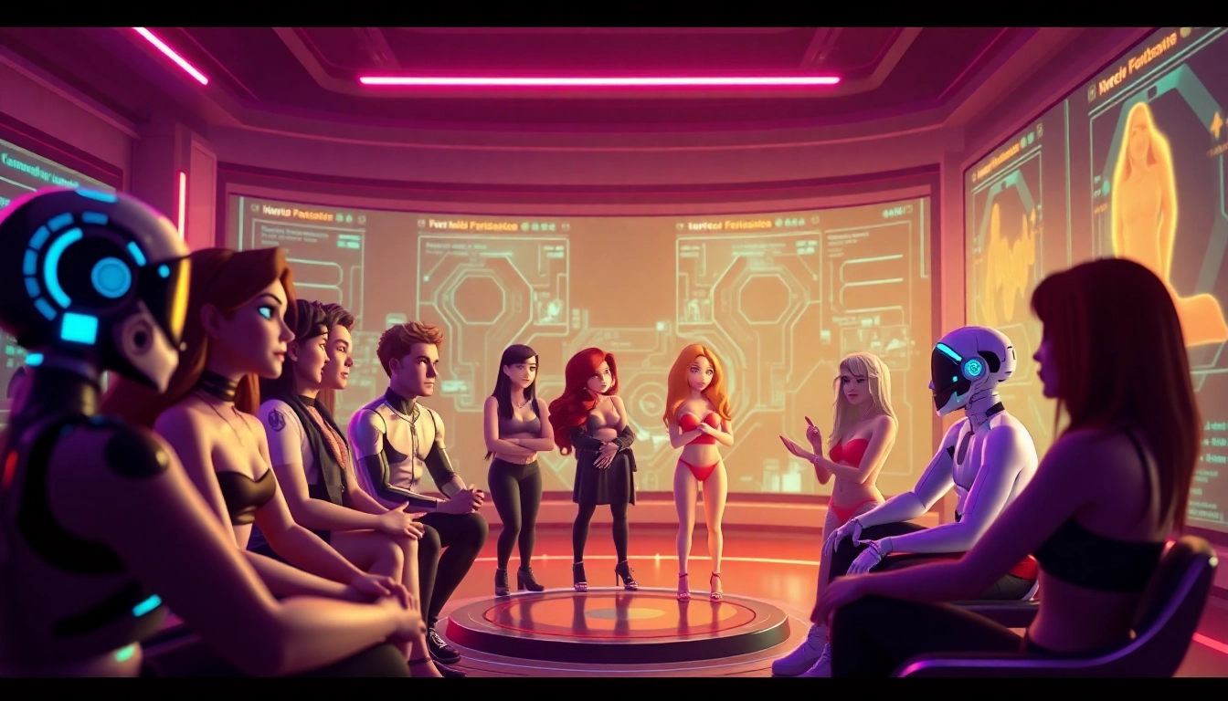 Engaging scene of AI porn chat showcasing diverse characters in a futuristic environment.