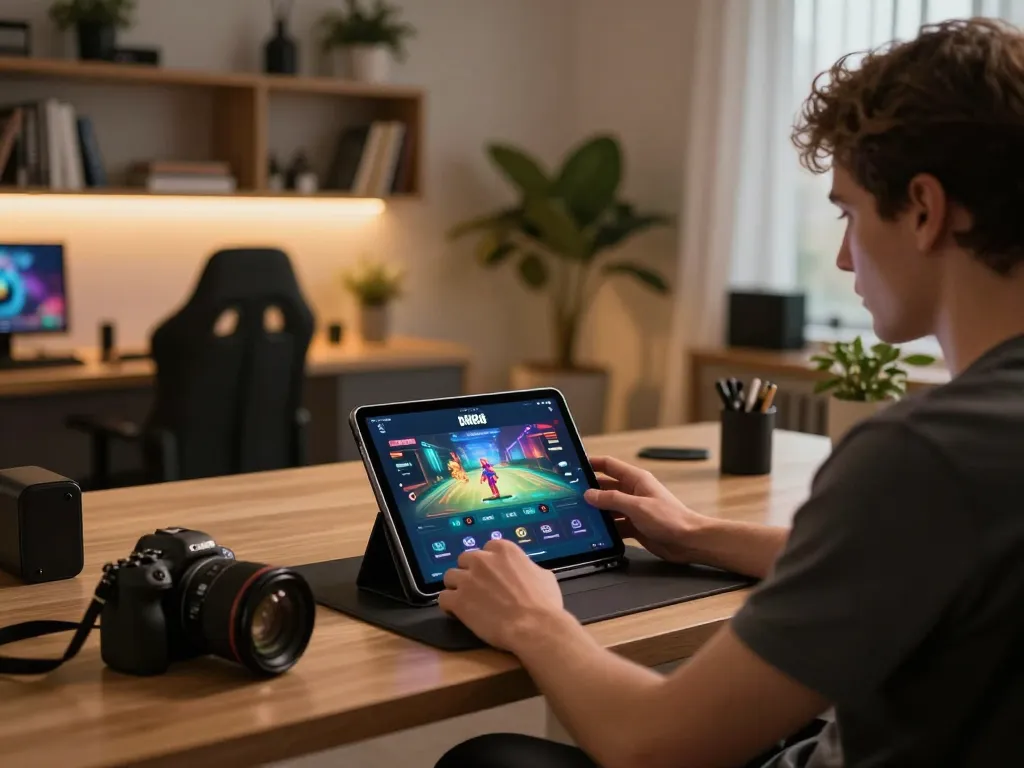 Person using app dn88 on a tablet for online gaming, showcasing a dynamic home gaming setup.