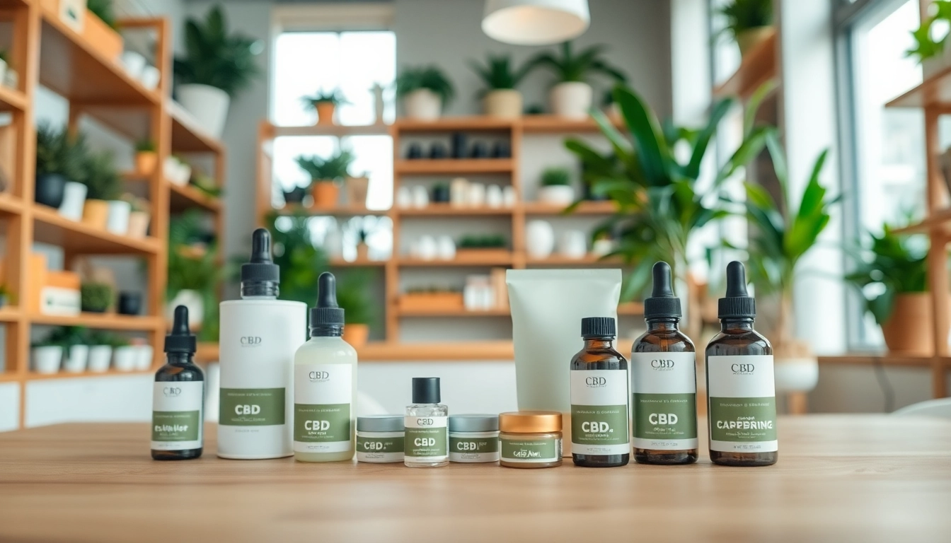 bluetenbande CBD-Produkte stilvoll präsentiert in einem beruhigenden Fachgeschäft.