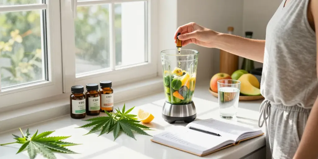 Buy live resin Canada with premium CBD oil and fresh hemp in a wellness kitchen scene.