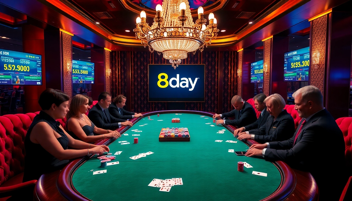 Engaged players at a luxurious 8day poker table, immersed in high-stakes gambling action.