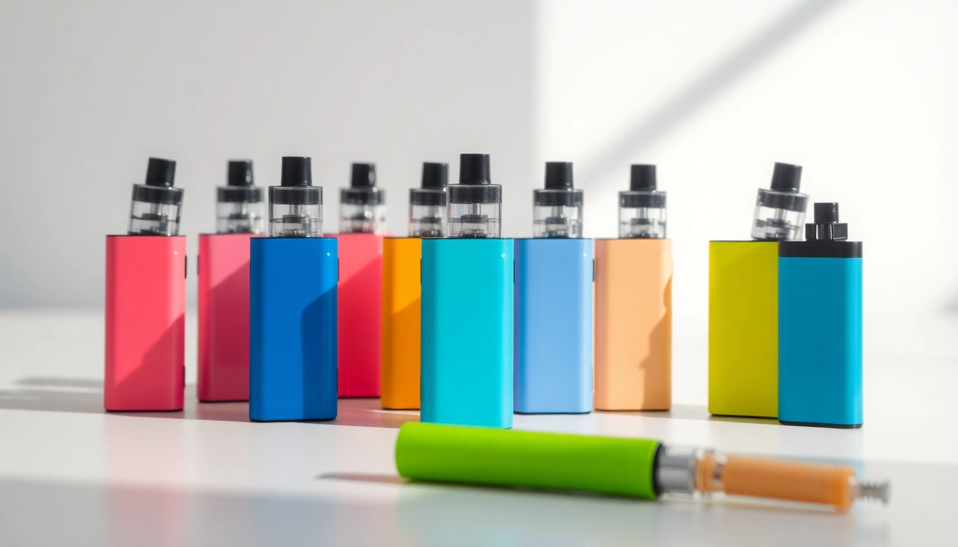 Showcasing colorful disposable vapes with vibrant designs on a minimalist surface.