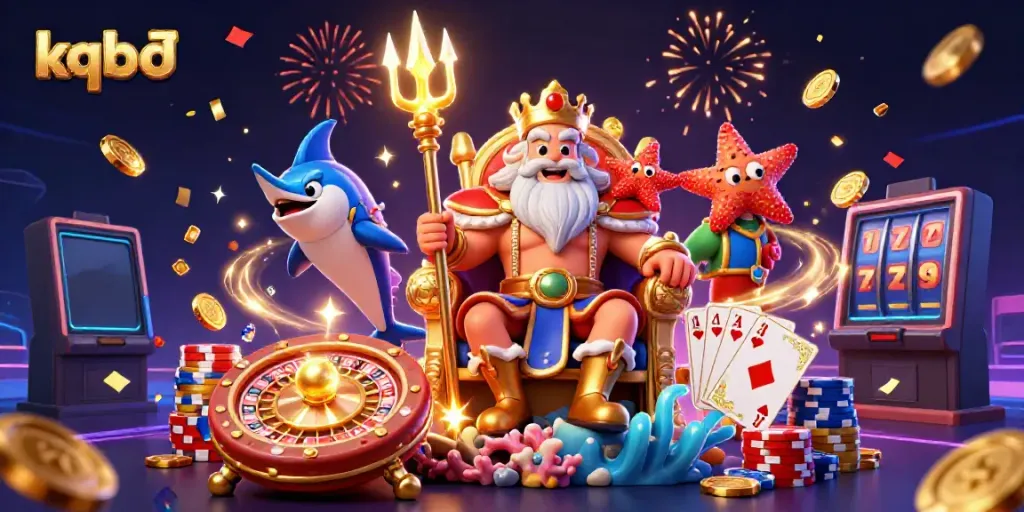 Engage in the excitement of kqbđ with Neptune, surrounded by casino elements and treasures.