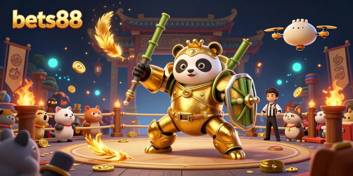 Engage in thrilling gameplay at bets88 with a vibrant 3D casino scene of a panda in a mech-suit.