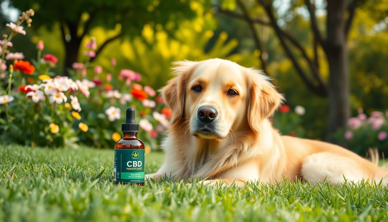 Showcase the benefits of CBD For Pet with a golden retriever enjoying a relaxing moment.