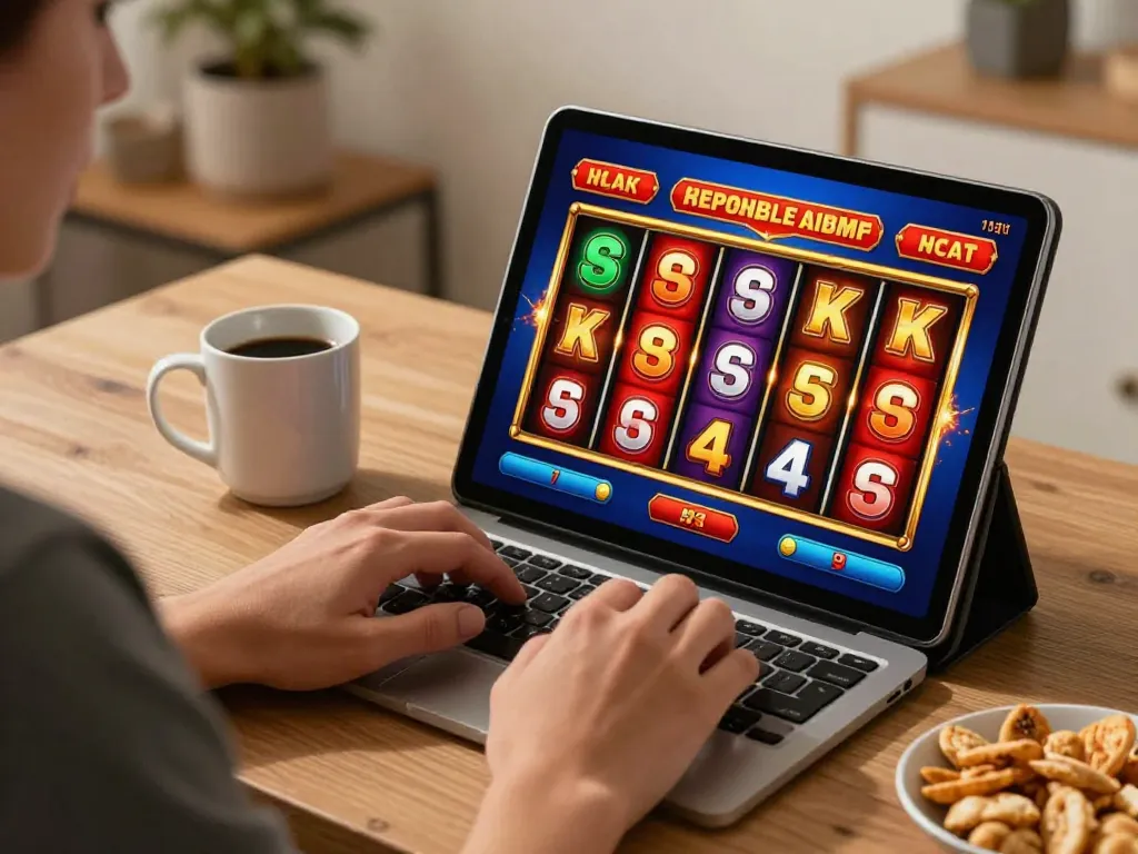 L567 online slots gameplay on tablet with vibrant reels, showcasing modern home gaming setup.