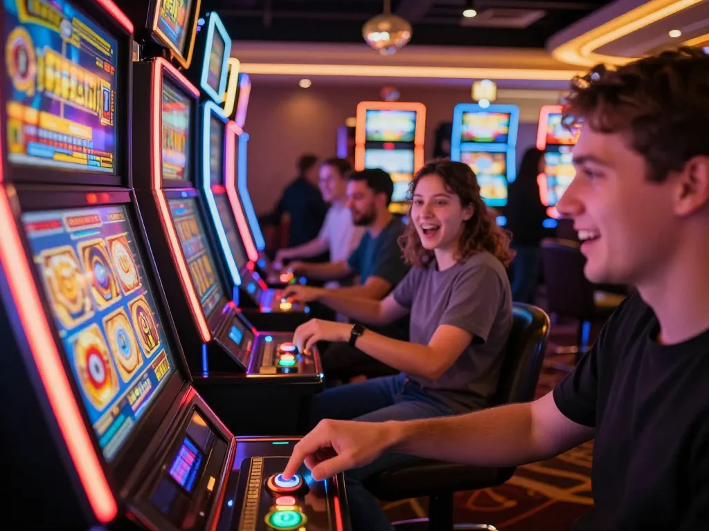The excitement of a slot bet 200 featured in a colorful casino with vibrant machines and engaged players.