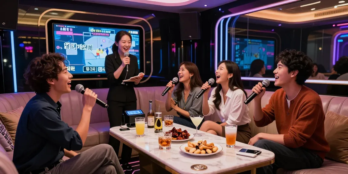 Enjoying a vibrant night out at 강남 가라오케 with friends in a luxurious private room, showcasing premium drinks and a lively atmosphere.