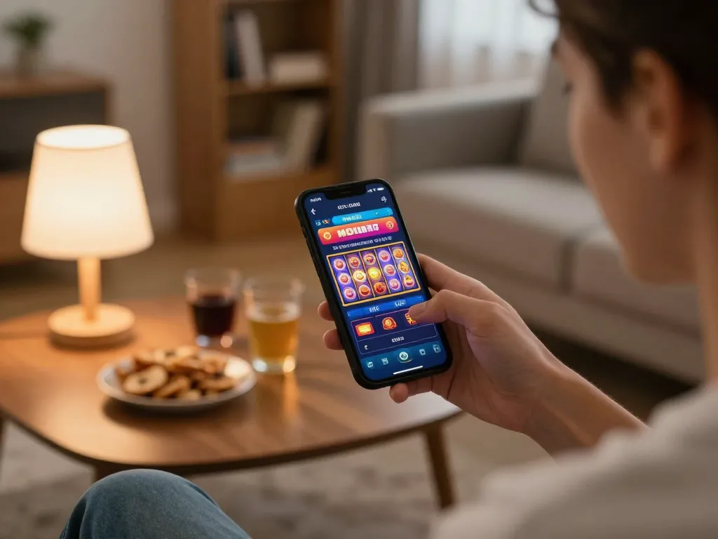Person engaging in mobile gambling on bj886 app at home, showcasing colorful slots and warm atmosphere.