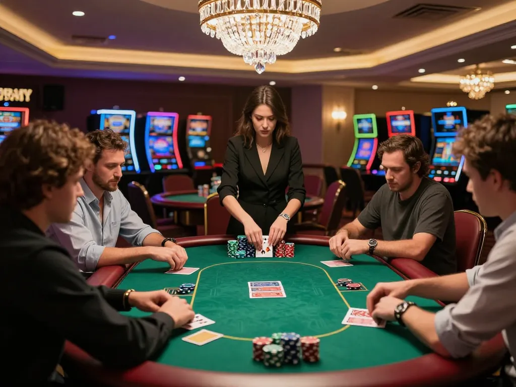 Players engaged in high-stakes poker at a luxury casino table, showcasing 99win's professional gaming atmosphere.