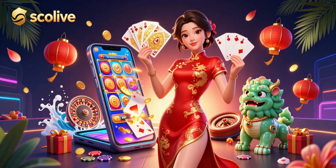 Socolive presents a vibrant 3D illustration of a stylish woman in a qipao, surrounded by dynamic gambling elements.