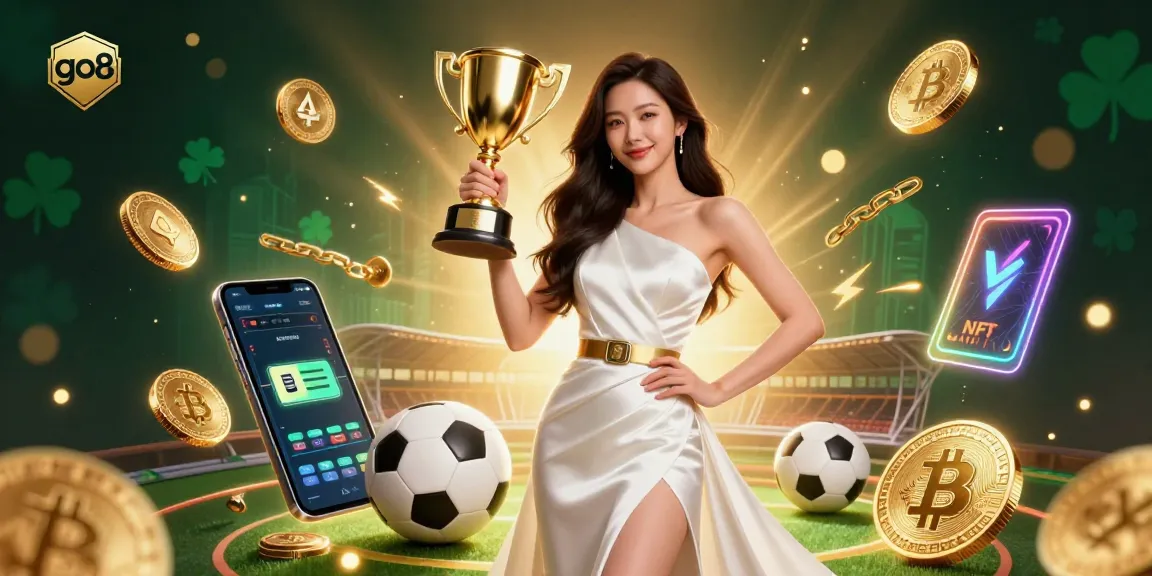 Win big at go8 with an impressive victory scene displaying a confident woman holding a trophy amid sports betting elements.