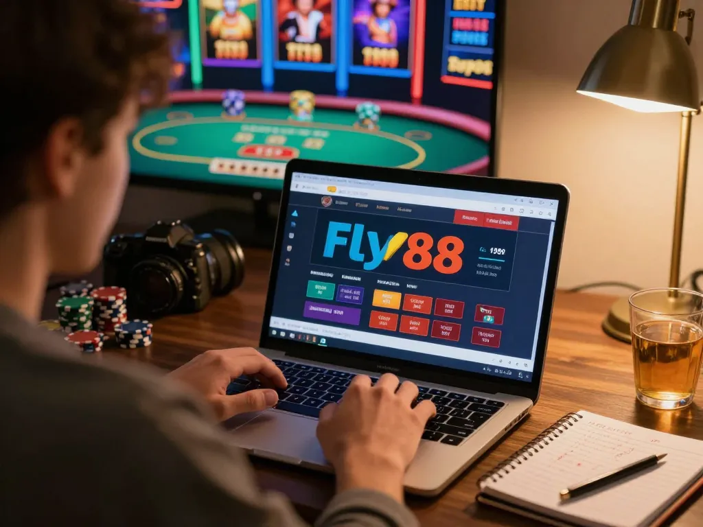 Engaged player betting on fly88 with warm home ambiance, showcasing online gaming strategy.