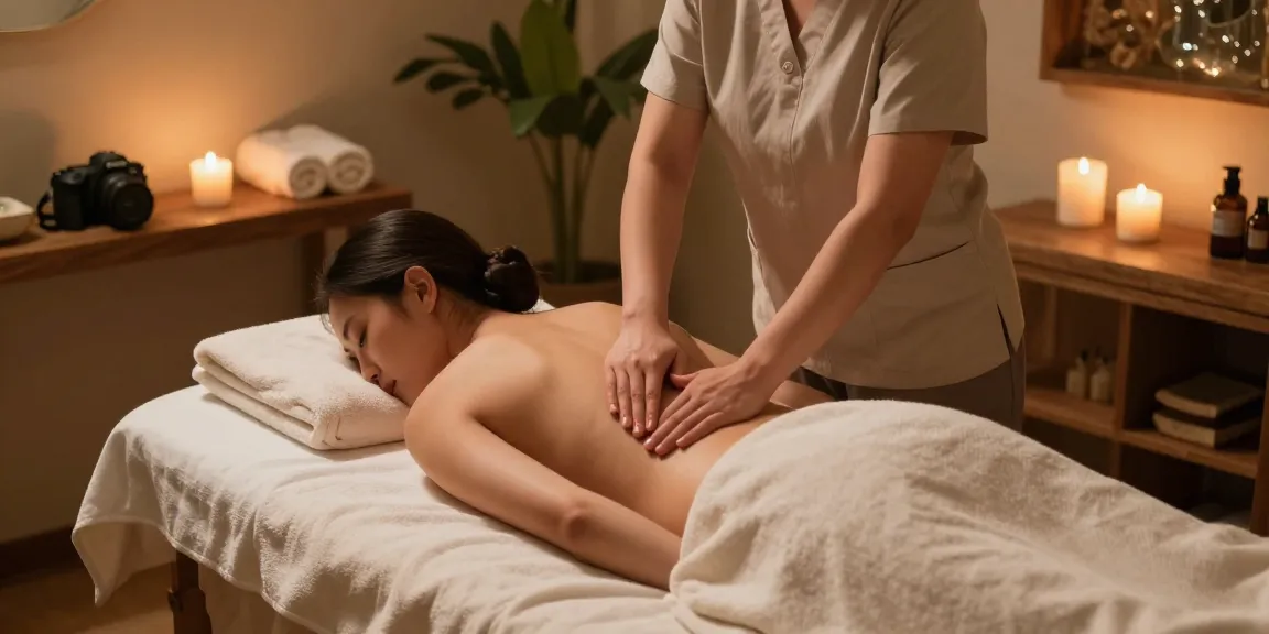 마사지 therapy session in a tranquil spa setting with ambient lighting and calming decor.