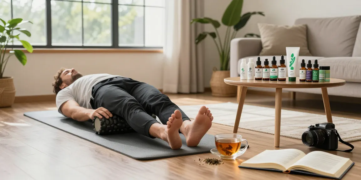 Ministry of Cannabis CBD oil and wellness products in a serene recovery scene with a man using a foam roller.