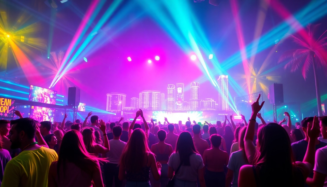 Experience the vibrant energy of a miami rave with dynamic party-goers and neon lights.