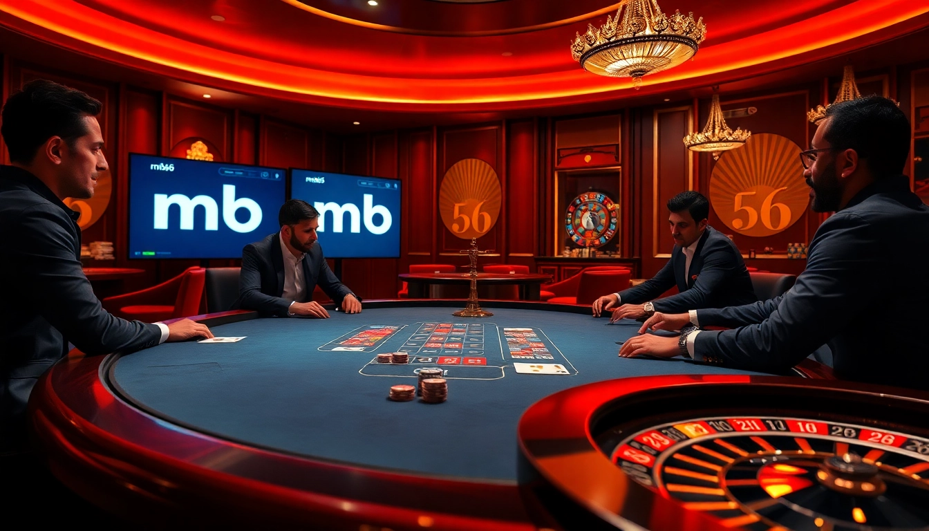 Players gathering around the mb66 poker table, showcasing an exciting casino atmosphere with chips and cards.