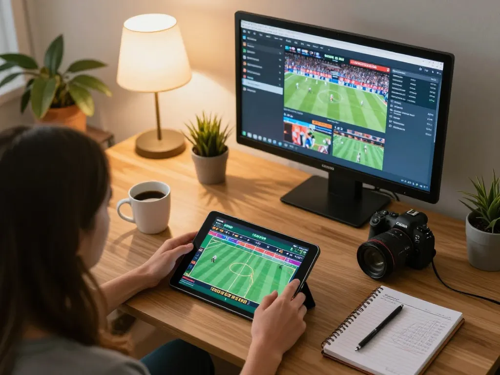 Engaged bettor using tablet for sports betting on 888NEW in a cozy home environment