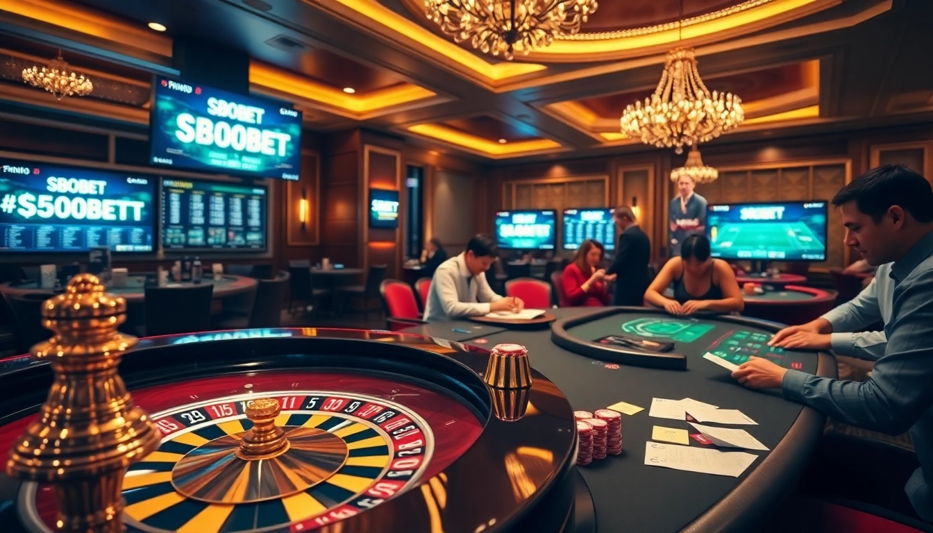 SBOBET enhancing the excitement of sports betting at a luxury casino table with roulette and poker chips.