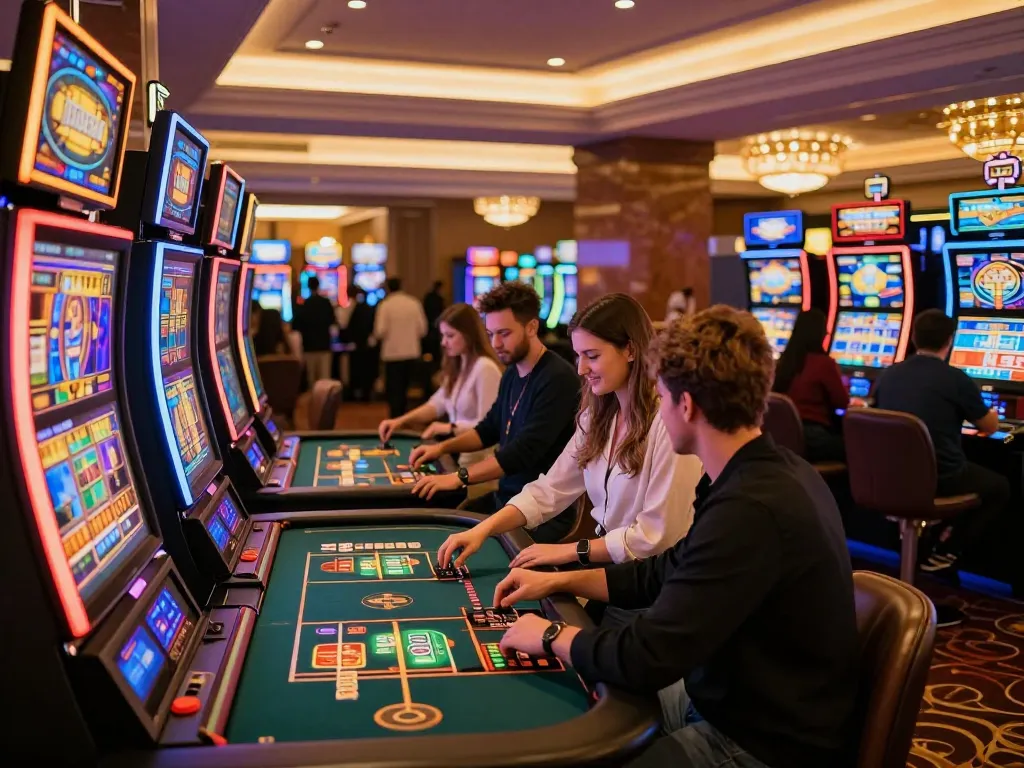 Experience dynamic gameplay at XX88 Asia's online casino, with players engaged around vibrant slot machines.