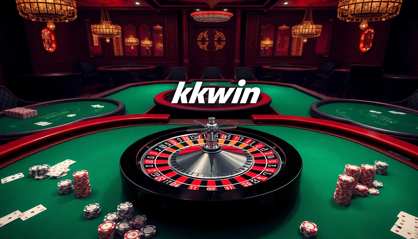 Engage with a thrilling kkwin casino scene featuring vibrant roulette and blackjack tables.