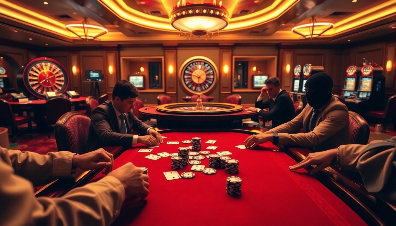 Players engaging in a thrilling poker game at Thabet Casino's luxurious table.