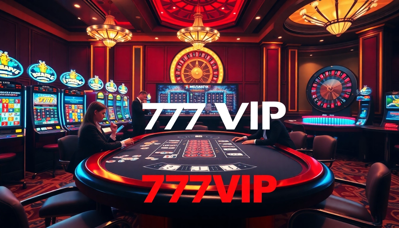 Experience the thrill of gaming at 777VIP with luxurious casino tables and vibrant slot machines.