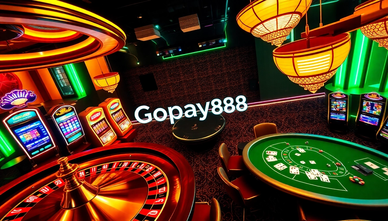 Gopay88 gaming interface showcasing players at a vibrant casino setup with roulette and slot machines.