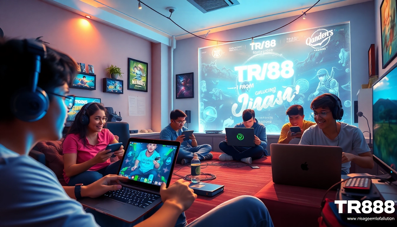 Engaging scene of gamers enjoying diverse online games at Trang chủ TR88, showcasing a lively gaming atmosphere.