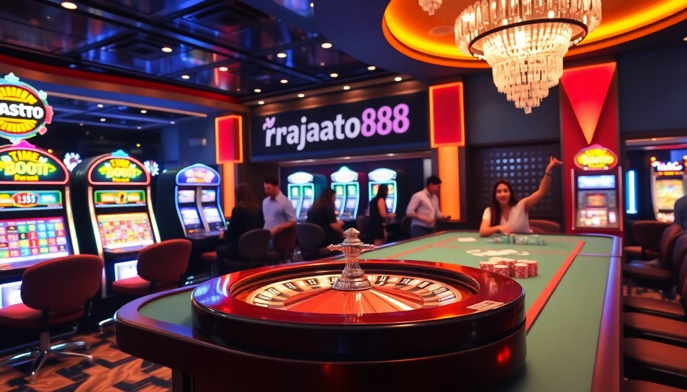 Experience thrilling gameplay with rajatoto88 at a professional casino featuring vibrant slot machines and poker action.