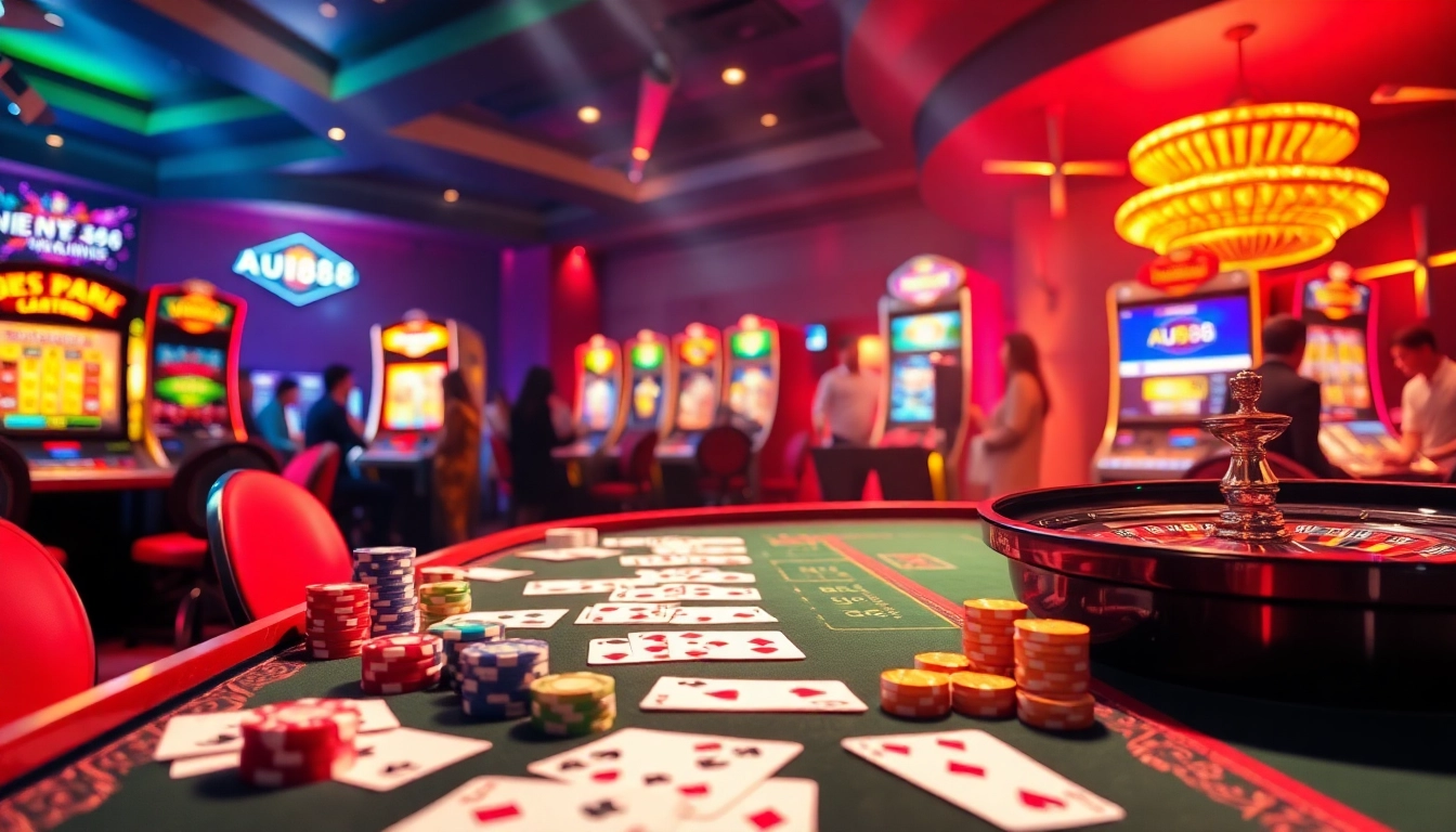 Engage with the thrill of Nhà cái AU88 at a luxurious casino table filled with vibrant gaming elements.