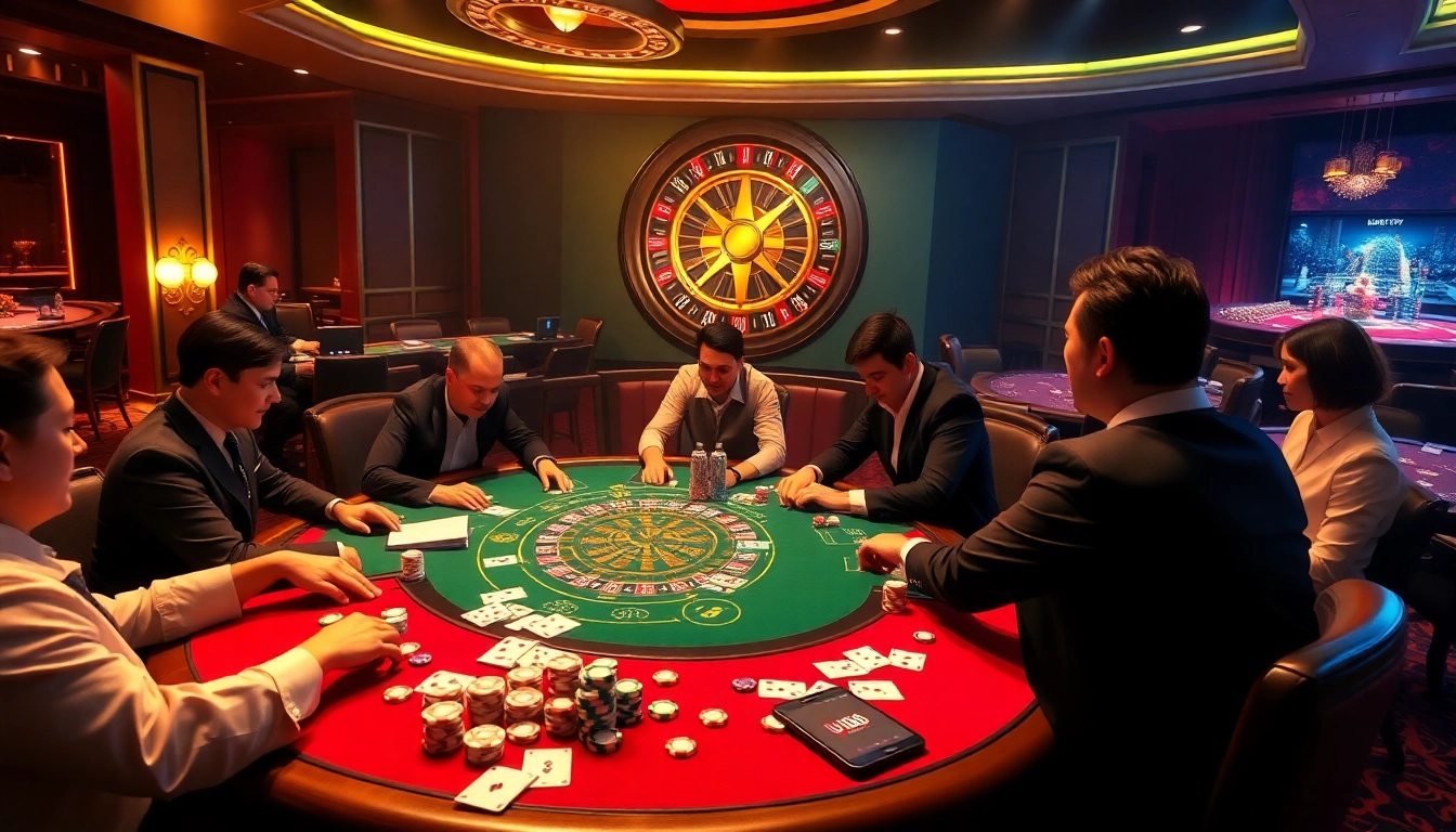 Players enjoying high-stakes poker at UU88's luxurious casino table filled with excitement and thrills.