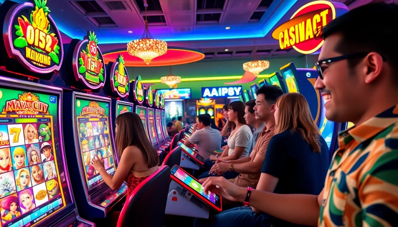 Exciting gaming scene at https://da88.media/ featuring players engaging with vibrant slot machines and app interfaces.