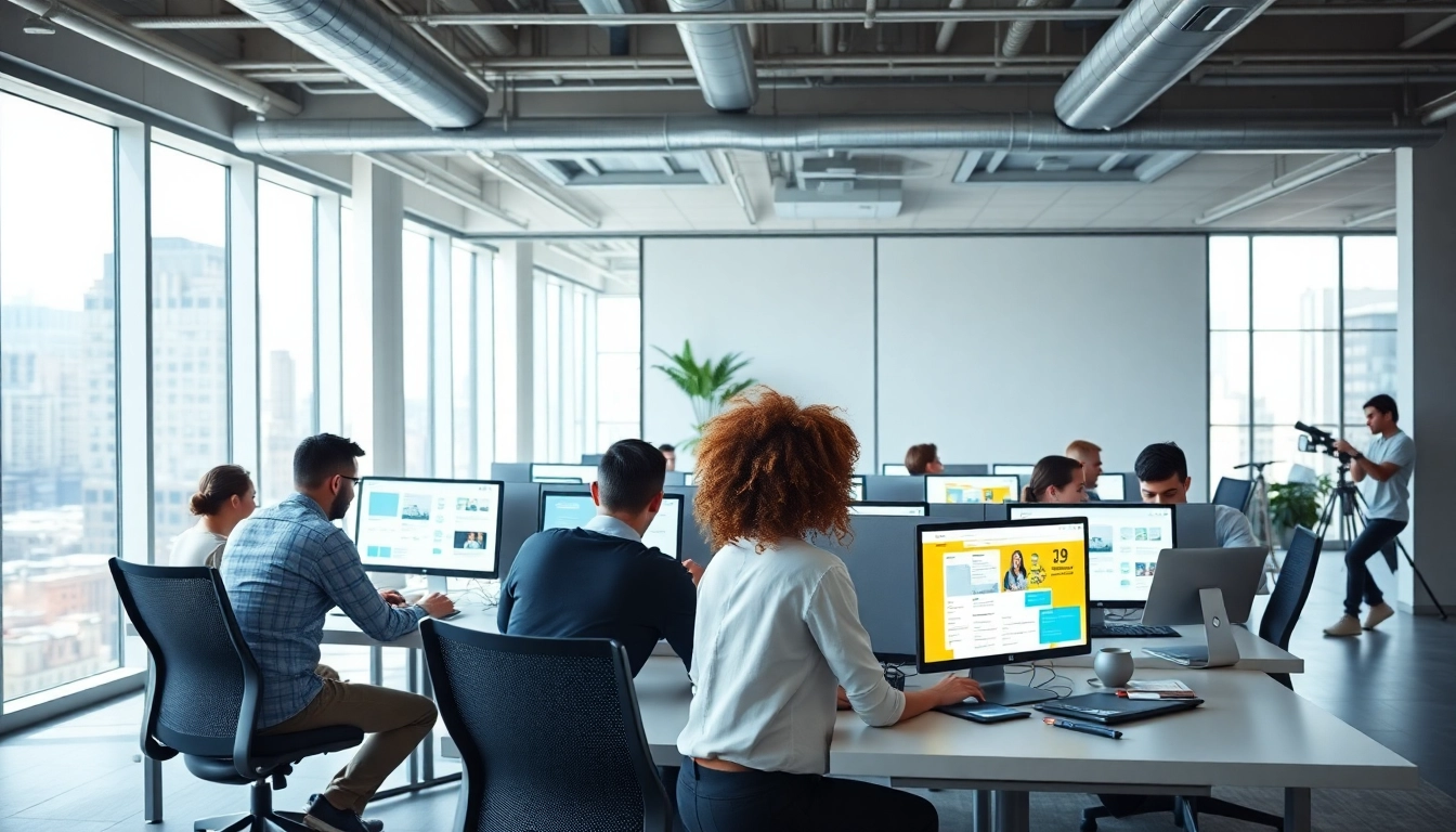 Professional web design team in NYC collaborating on custom website design with vibrant layouts.