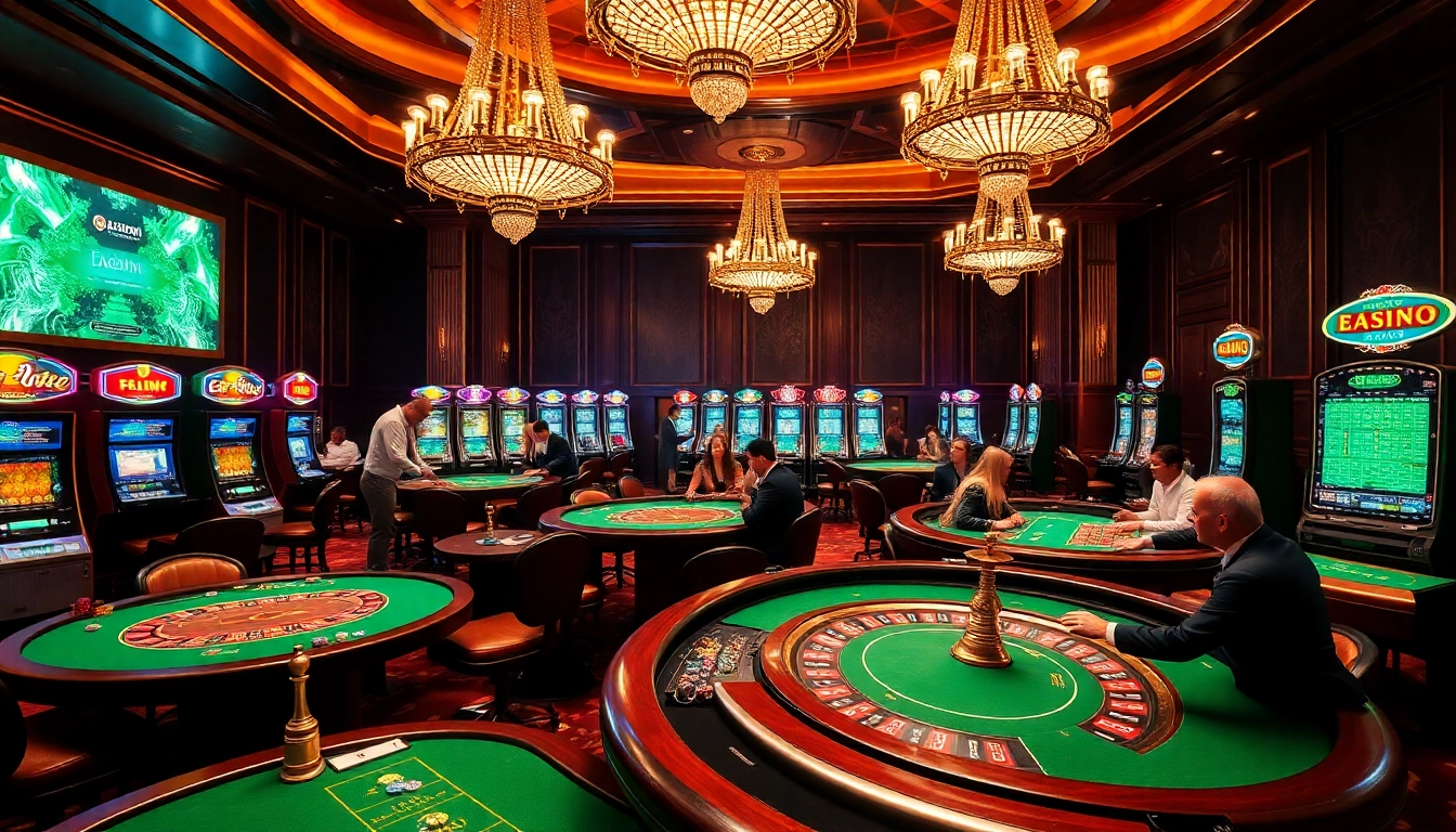 A dynamic casino scene capturing players at tables and 888vnd đăng nhập interface, reflecting excitement and luxury.