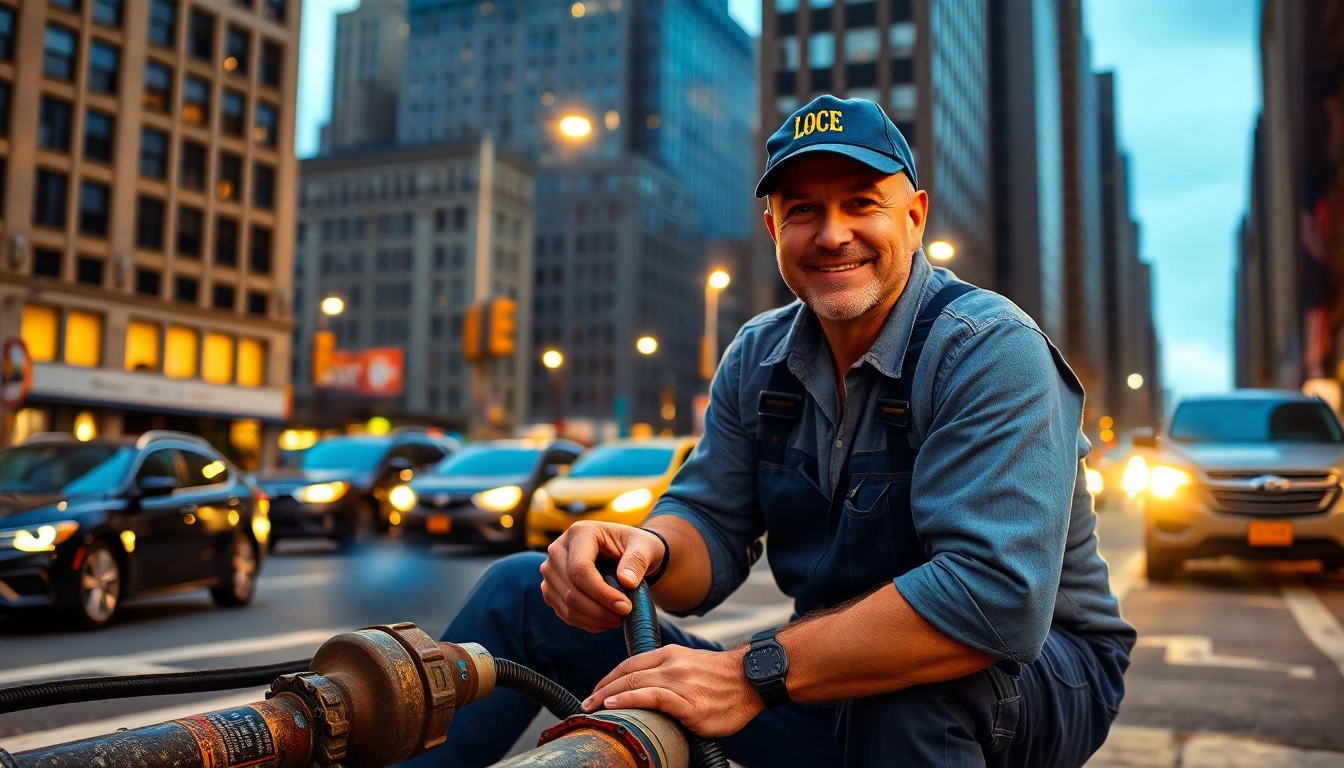 NYC emergency plumber & sewer fixing a leak on a bustling street.